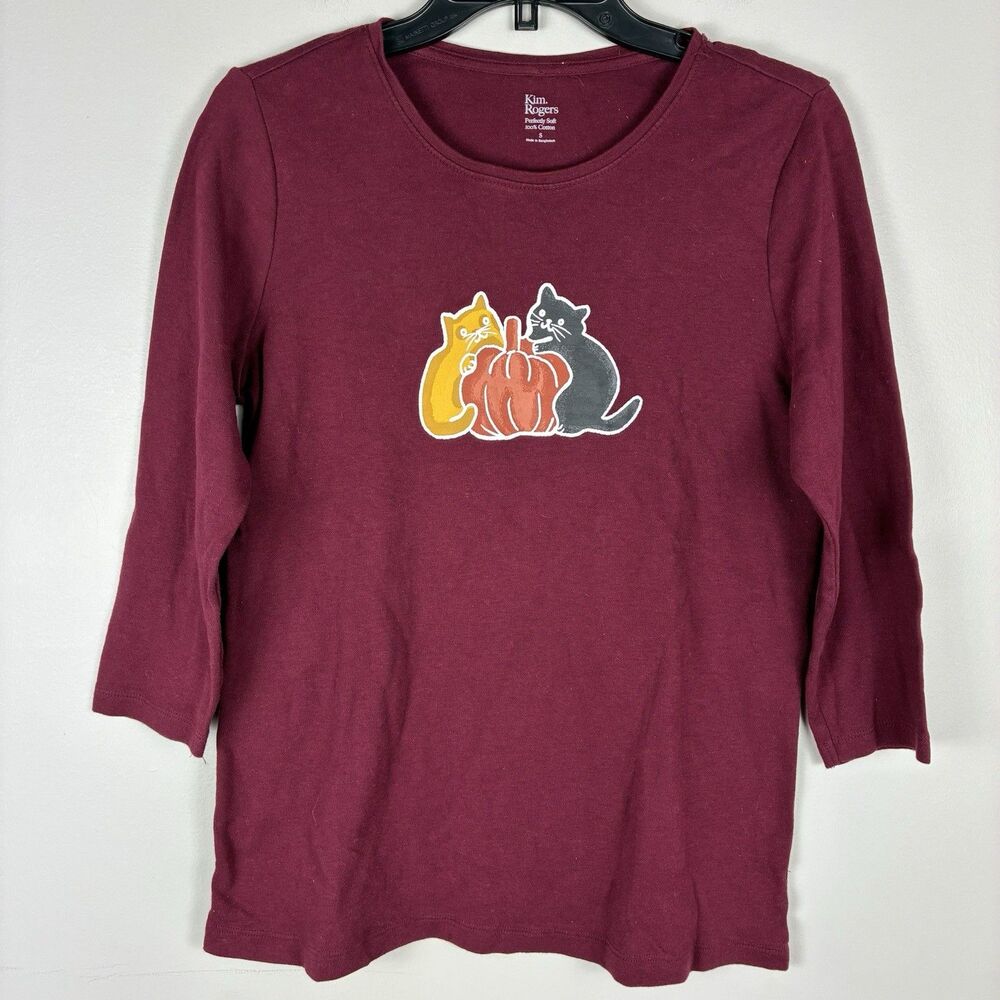 Halloween‎ Cat Pumpkin Tee sz S Long Sleeve Cotton Kitch Quirky